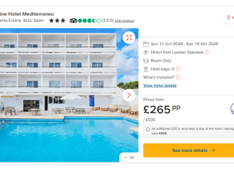 Ibiza Offer – Santa Eulalia – Sun 11th October – 7 nights – Flights – £265.00.pp